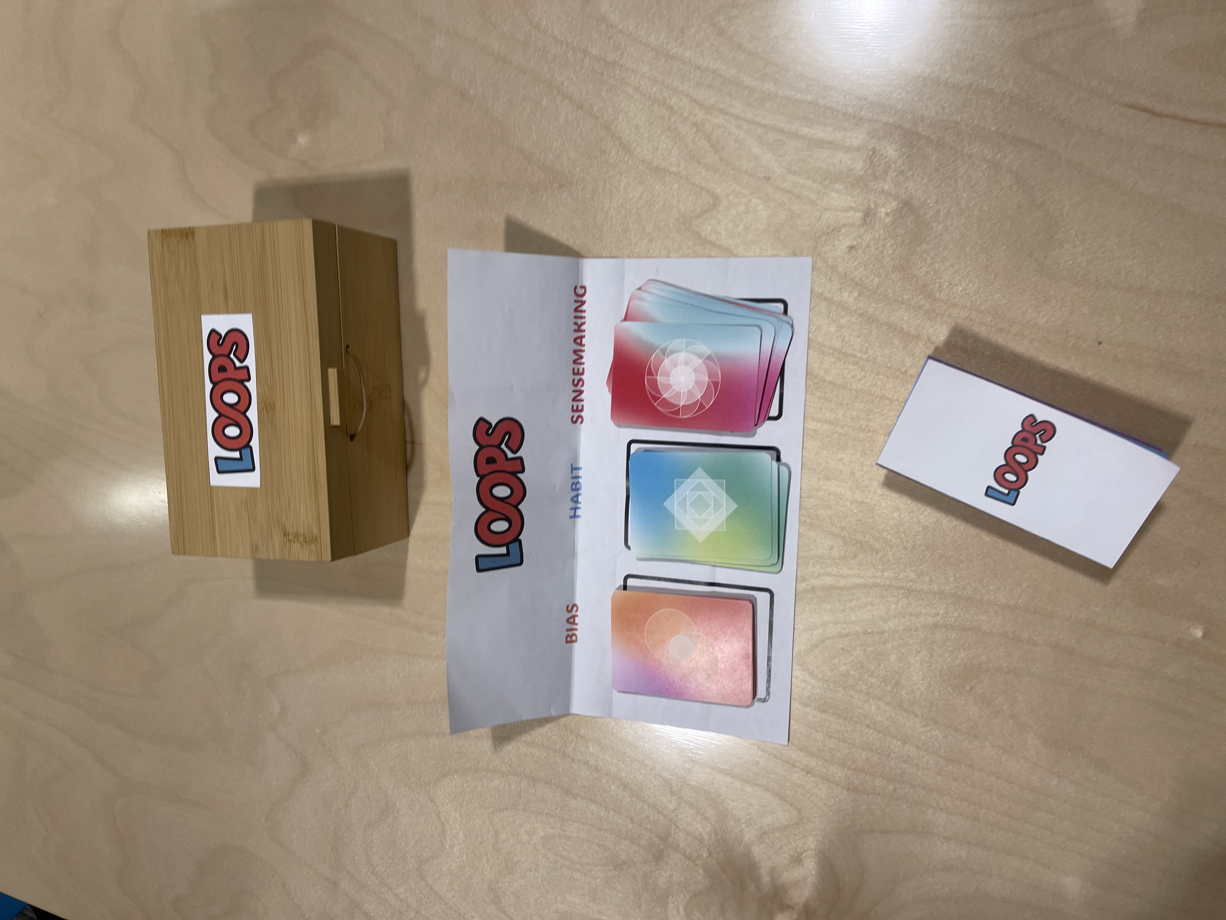 Loops card game prototype with a wooden box, instruction sheet, and card deck.